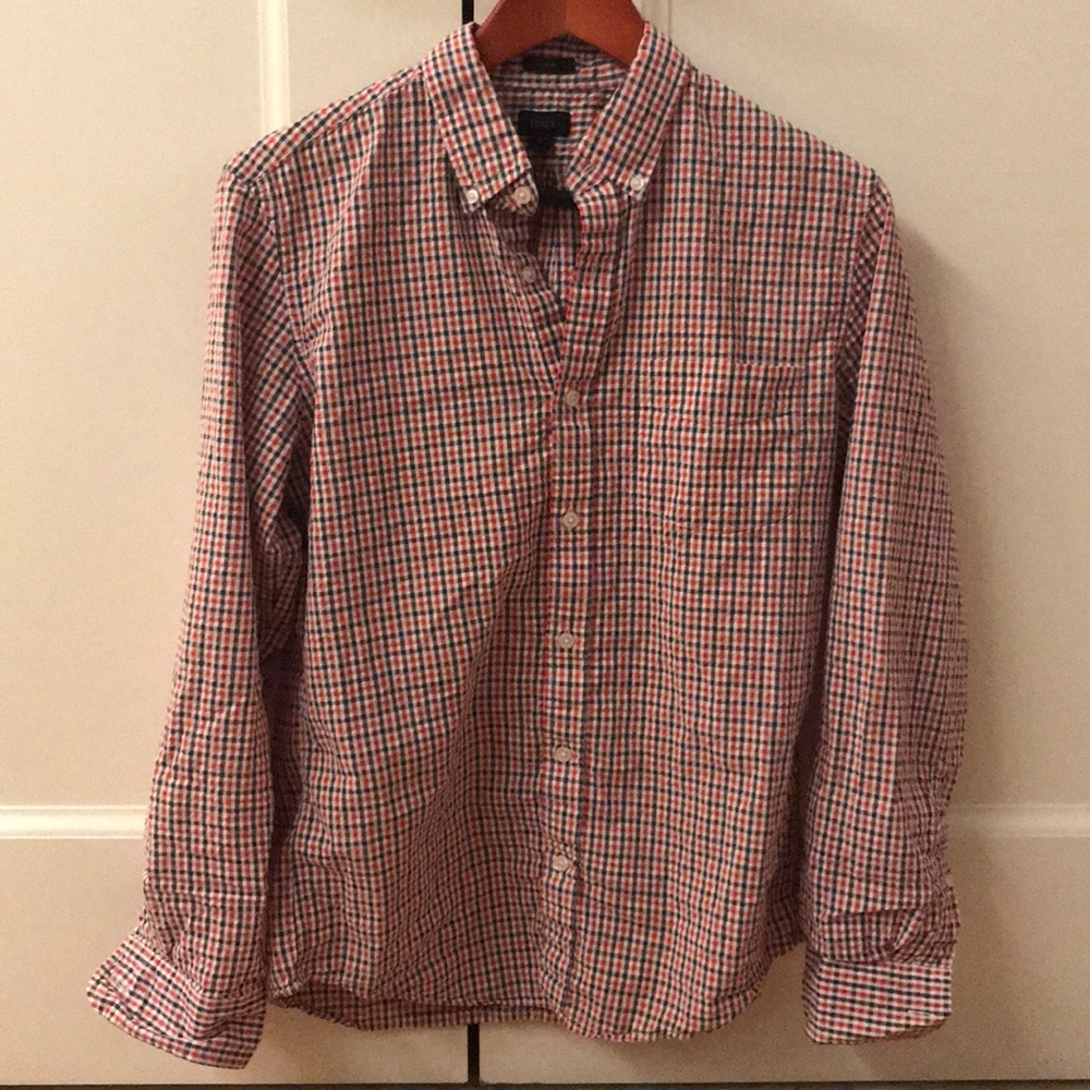 J.CREW Blue and Red seersucker button down shirt
